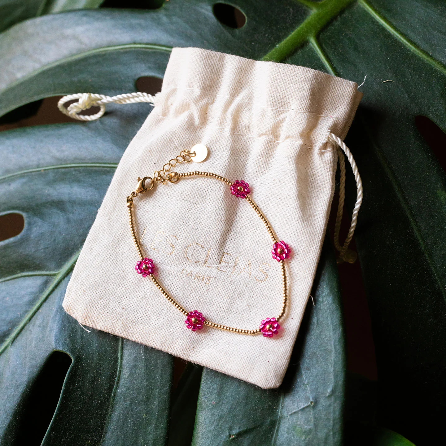 Bracelet marguerites fuschia - acier inoxydable