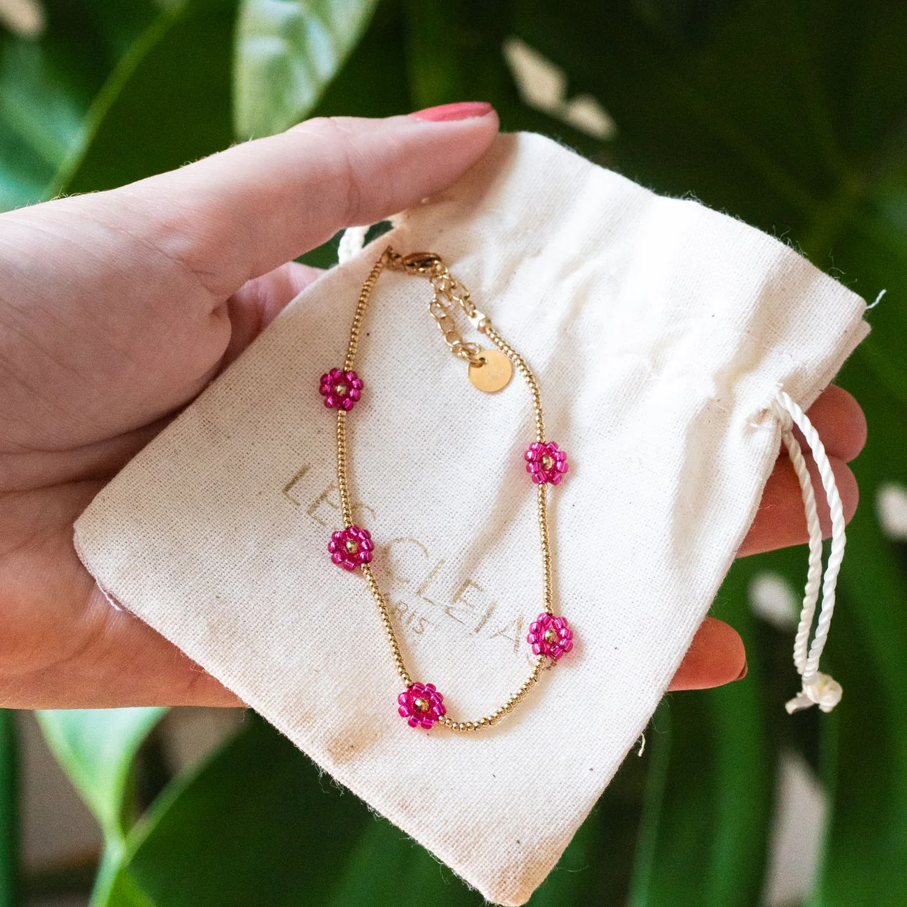 Bracelet marguerites fuschia - acier inoxydable - Image 3