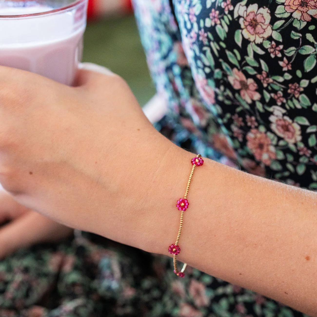 Bracelet marguerites fuschia - acier inoxydable - Image 4